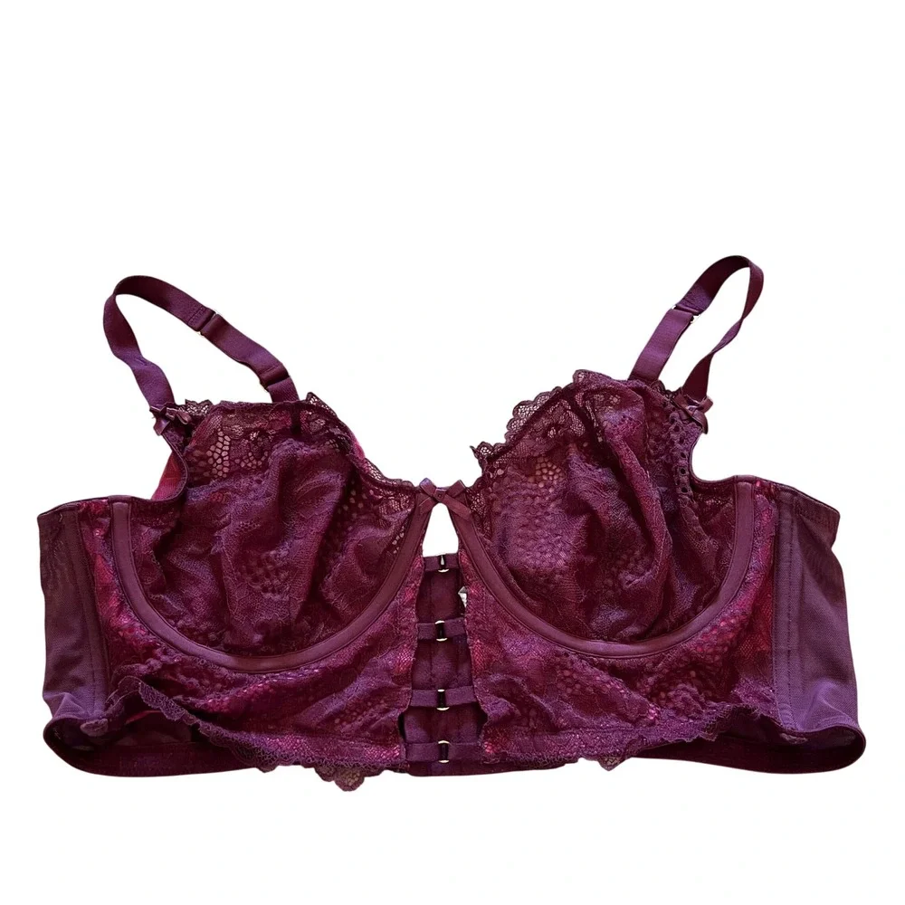 Cacique Burgundy Floral Lace Unlined Balconette Bra 42C Underwire Keyhole 5245